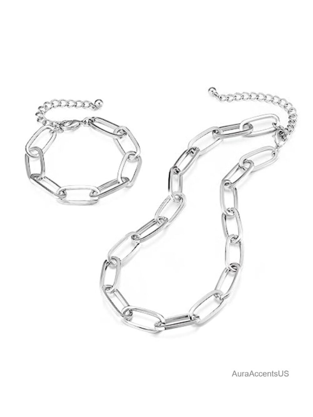 14k White Gold Plated Chunky Link Necklace Bracelet Set Women